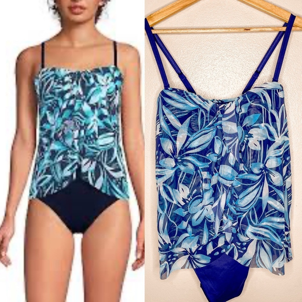 Land’s End | NWT One Piece Fauxini Tropical Mesh Bandeau Swimsuit, size 14